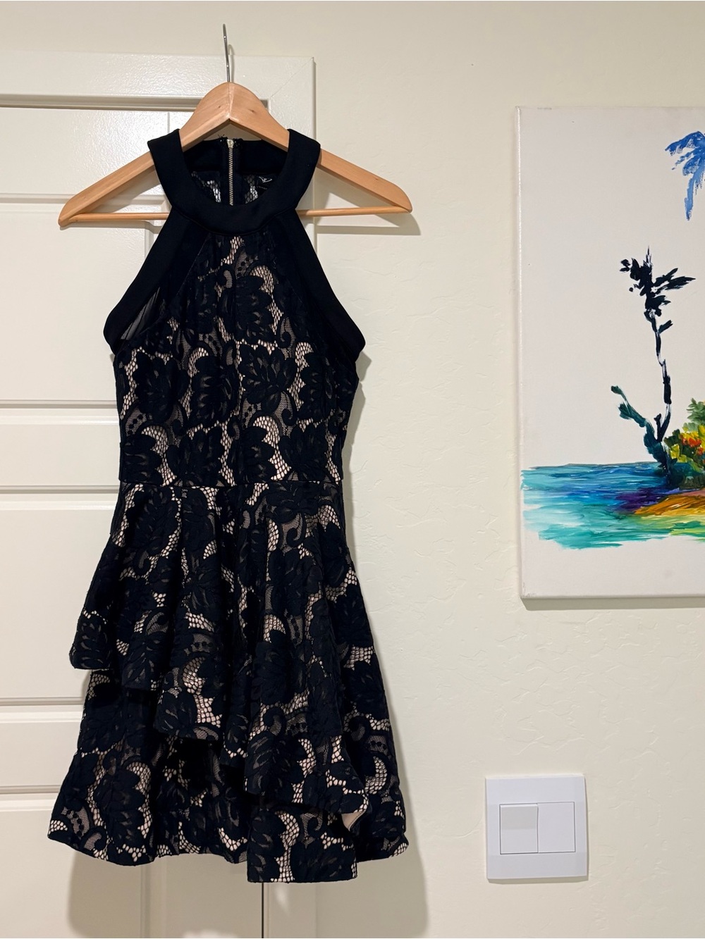 Windsor Black Lace Halter Tiered Prom Dress